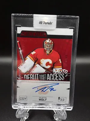 2023-24 UD Credentials Dustin Wolf Debut Ticket Access Red Auto /49 Rookie RC front